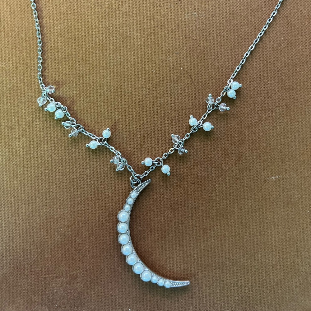 Silver Crescent Moon Necklace with Pearls